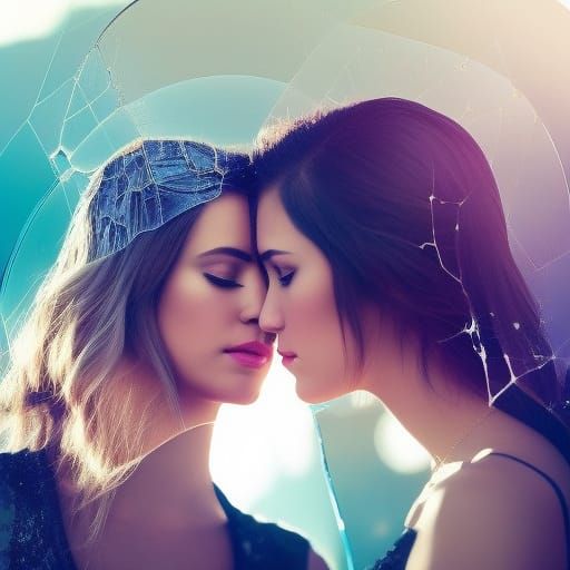 Silhouette Kiss Double Exposure in Cracked Glass Style