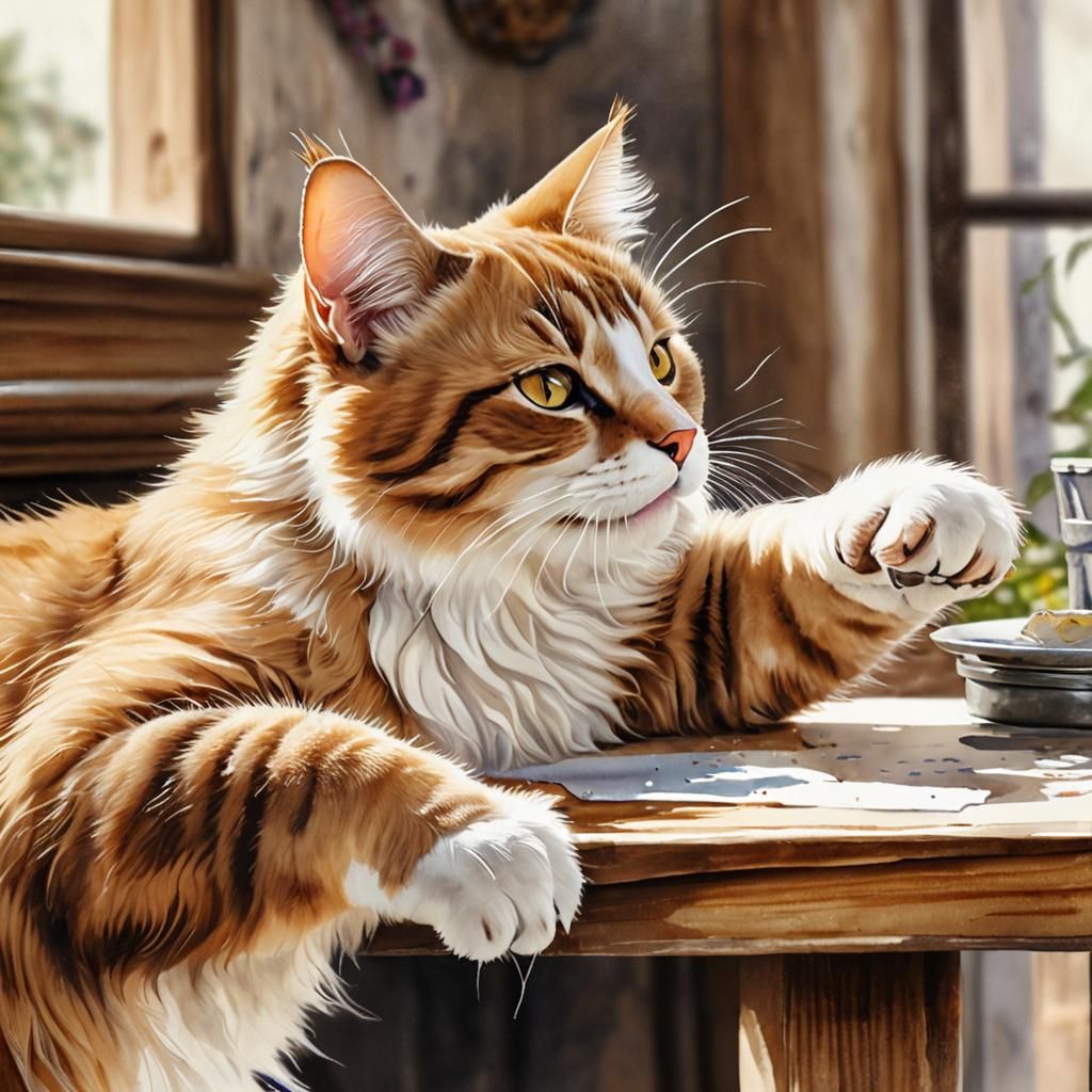 Fluffy Cat in Watercolor, Detailed Hippie Art