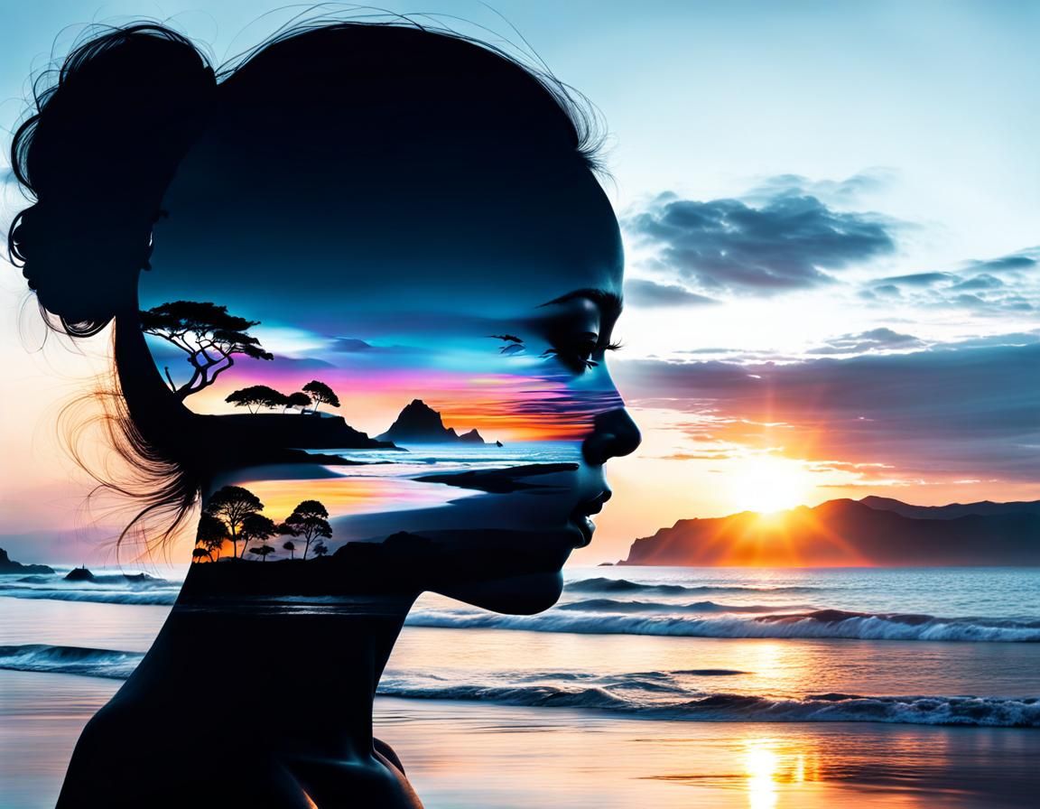 Goddess Silhouette with Sunset Coast Double Exposure