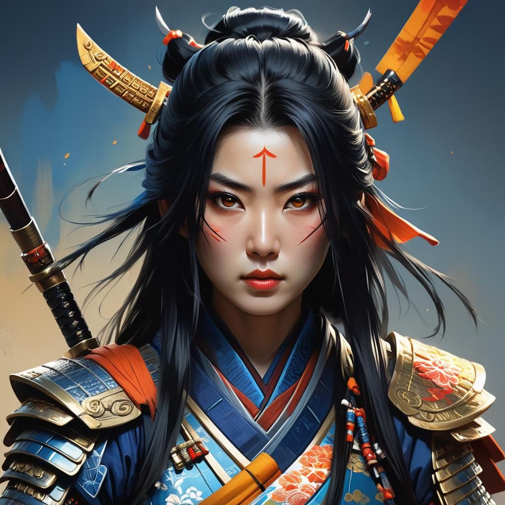 Samurai Woman Warrior Portrait in Art Nouveau Style