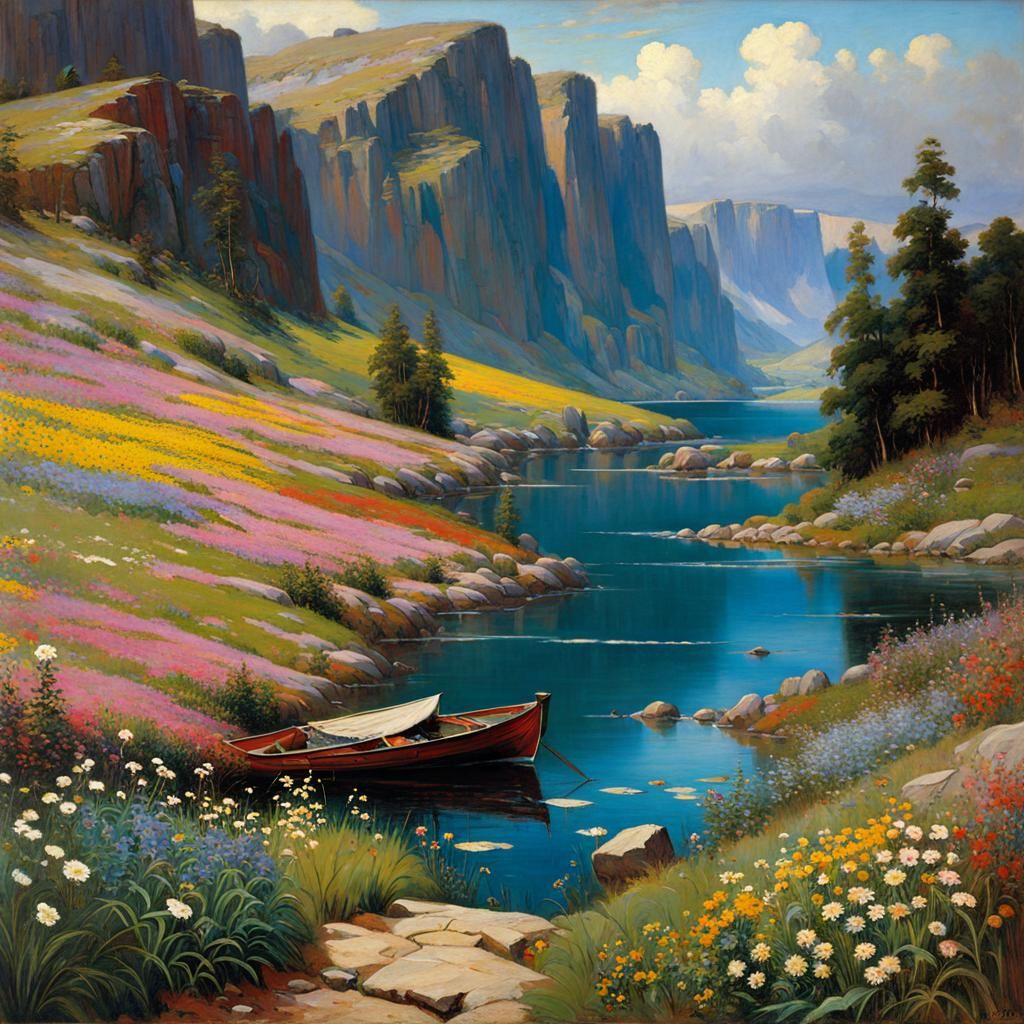 Colorful Wildflower Landscape Inspired by Classical Painting