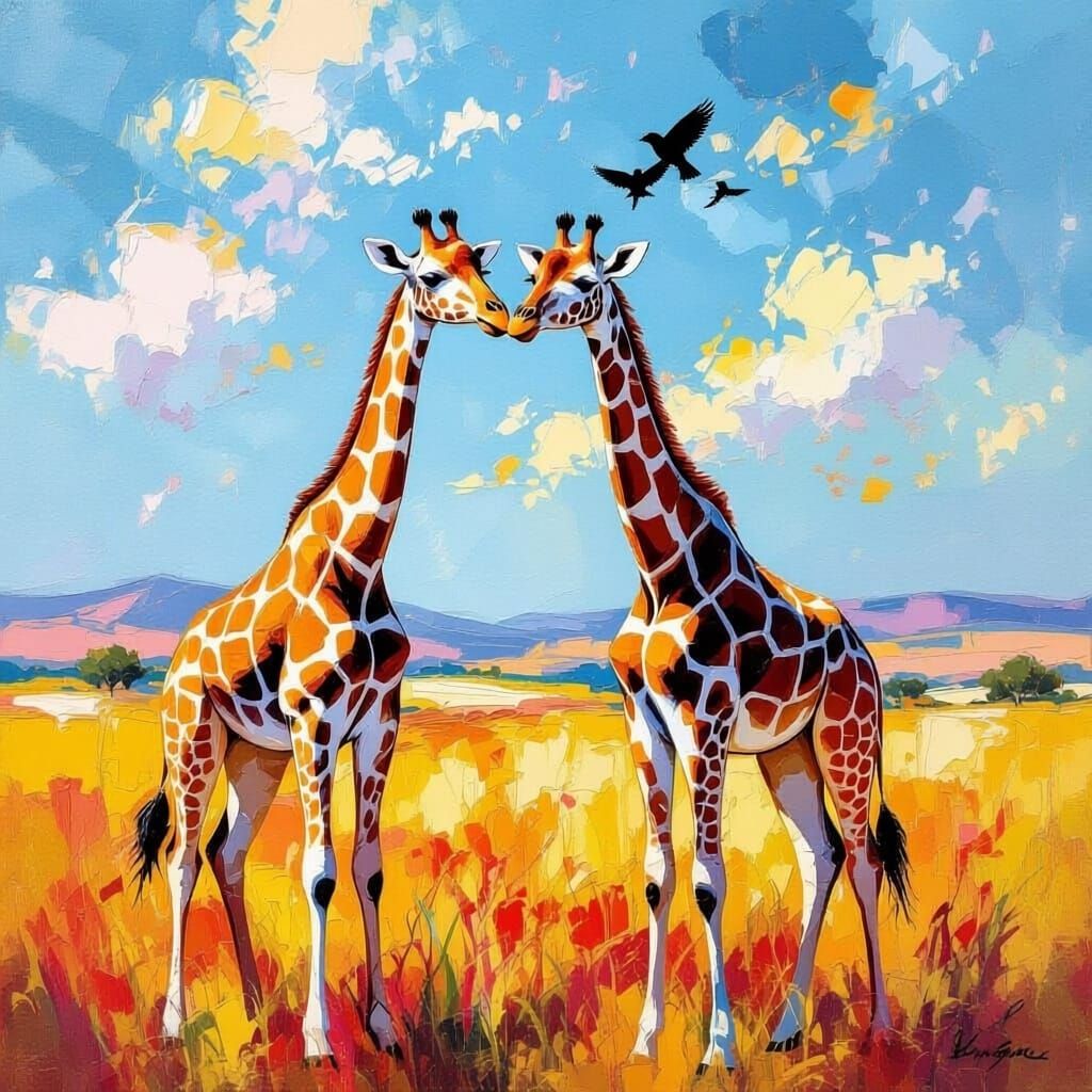 Impressionist Giraffes Under Colorful Skies