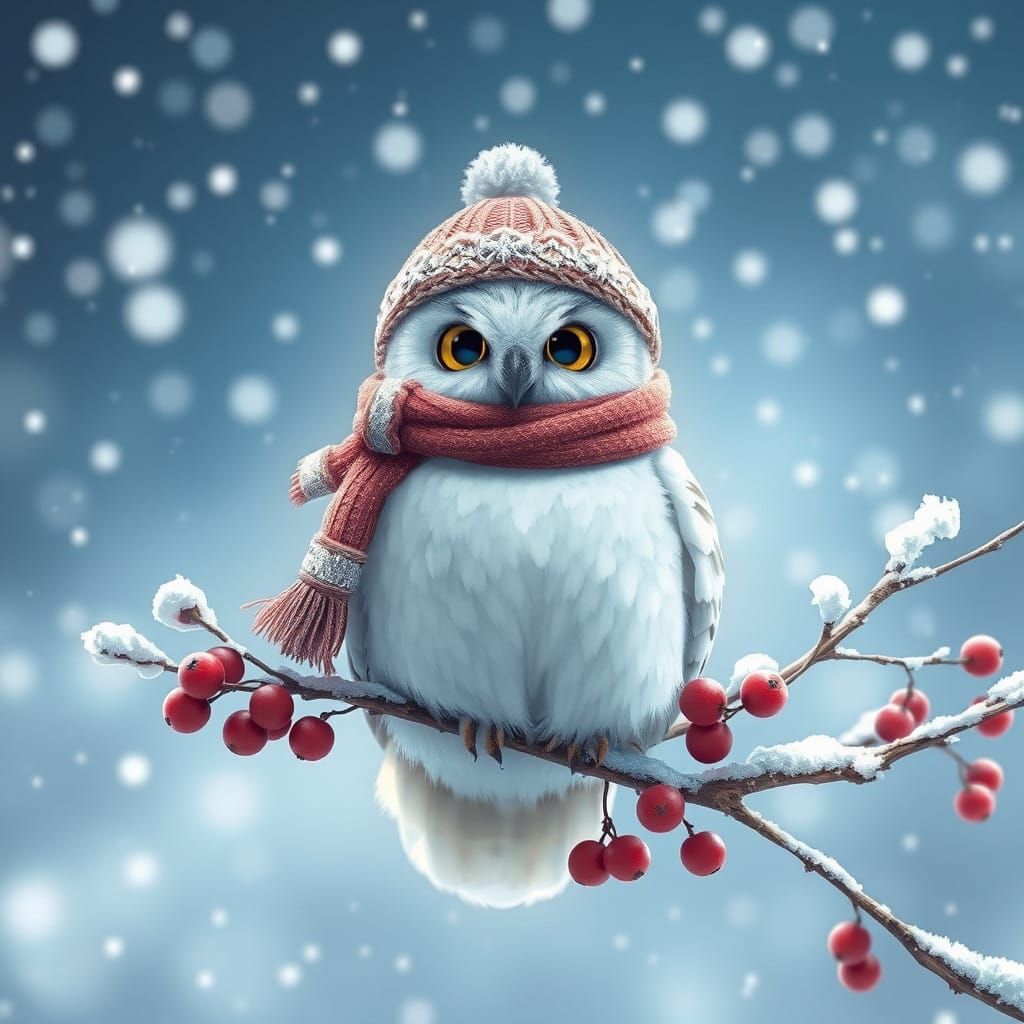 Snow Owl Surrounded by Whirling Snow in Winter Wonderland Sc...