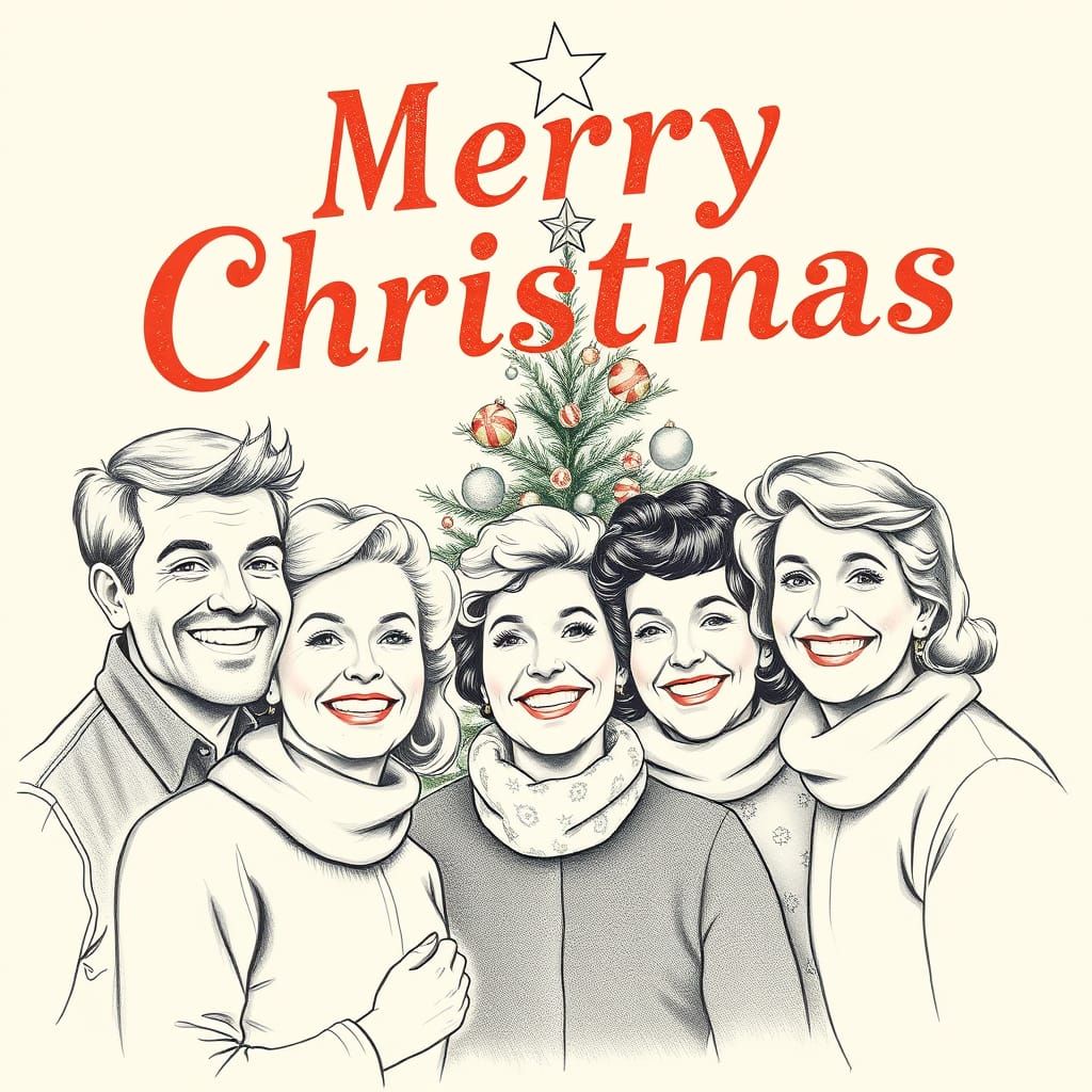 Vintage Merry Christmas Card in Pencil Style