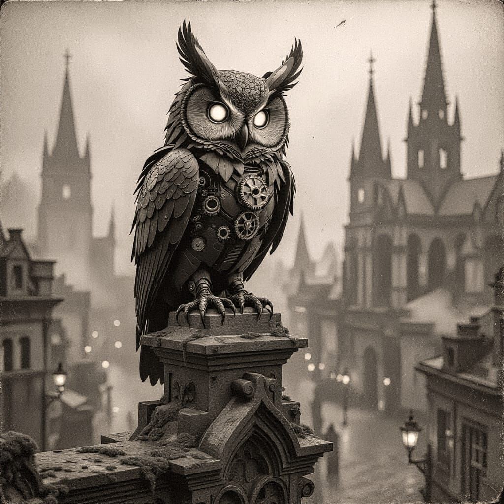 Mechanical Owl on Gothic Gargoyle in Foggy City