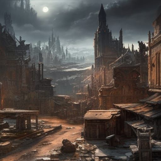 Post-Apocalyptic City Ruins in Hyperreal Rococo Style