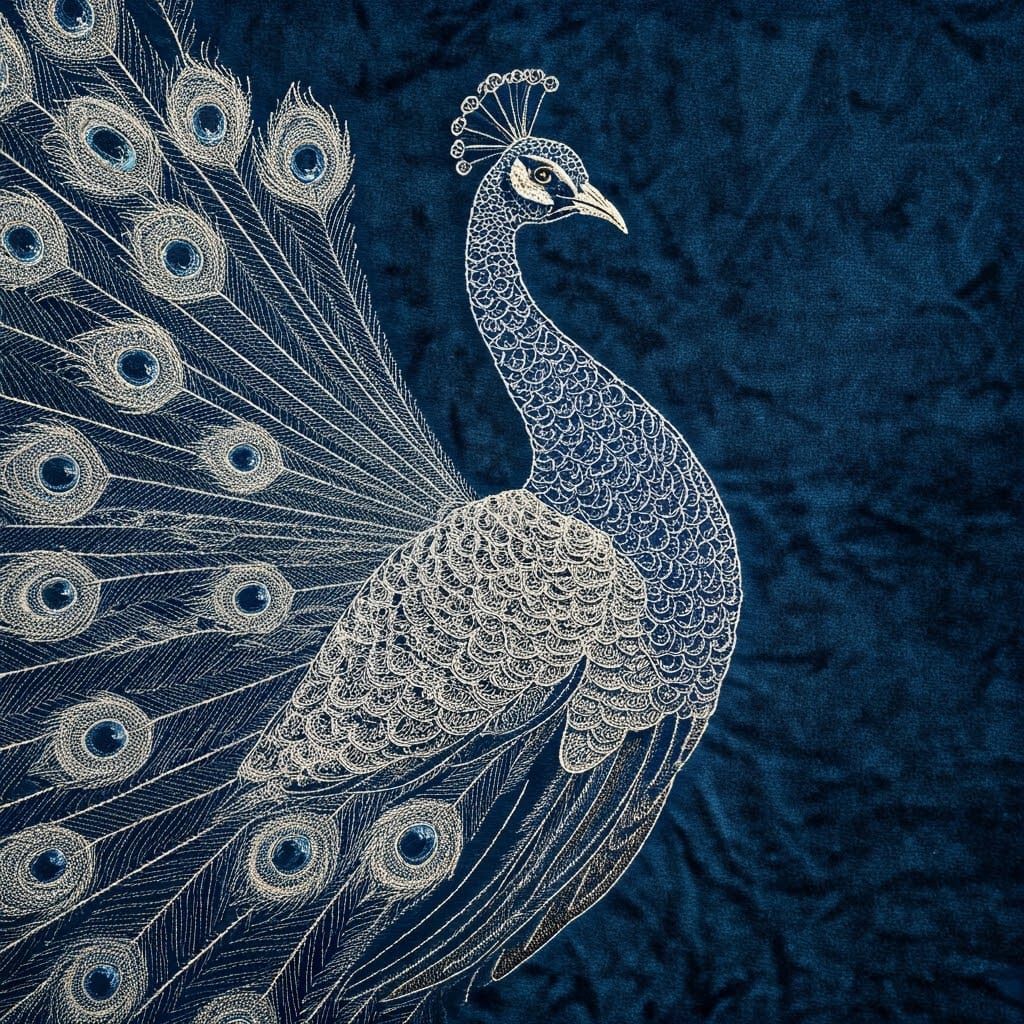 Luxurious Velvet Embroidery of a Regal Peacock