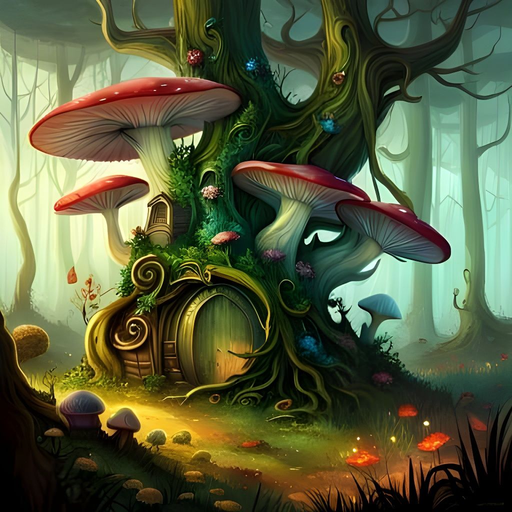 Enchanted Forest with Giant Mushrooms and Fairy Lights