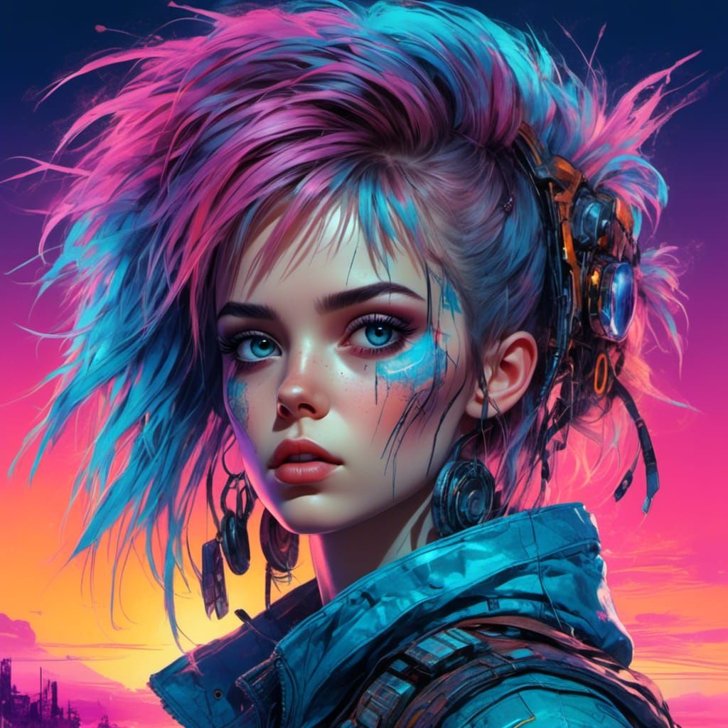 Cyberpunk Female Portrait with Sunset in Synthwave Style