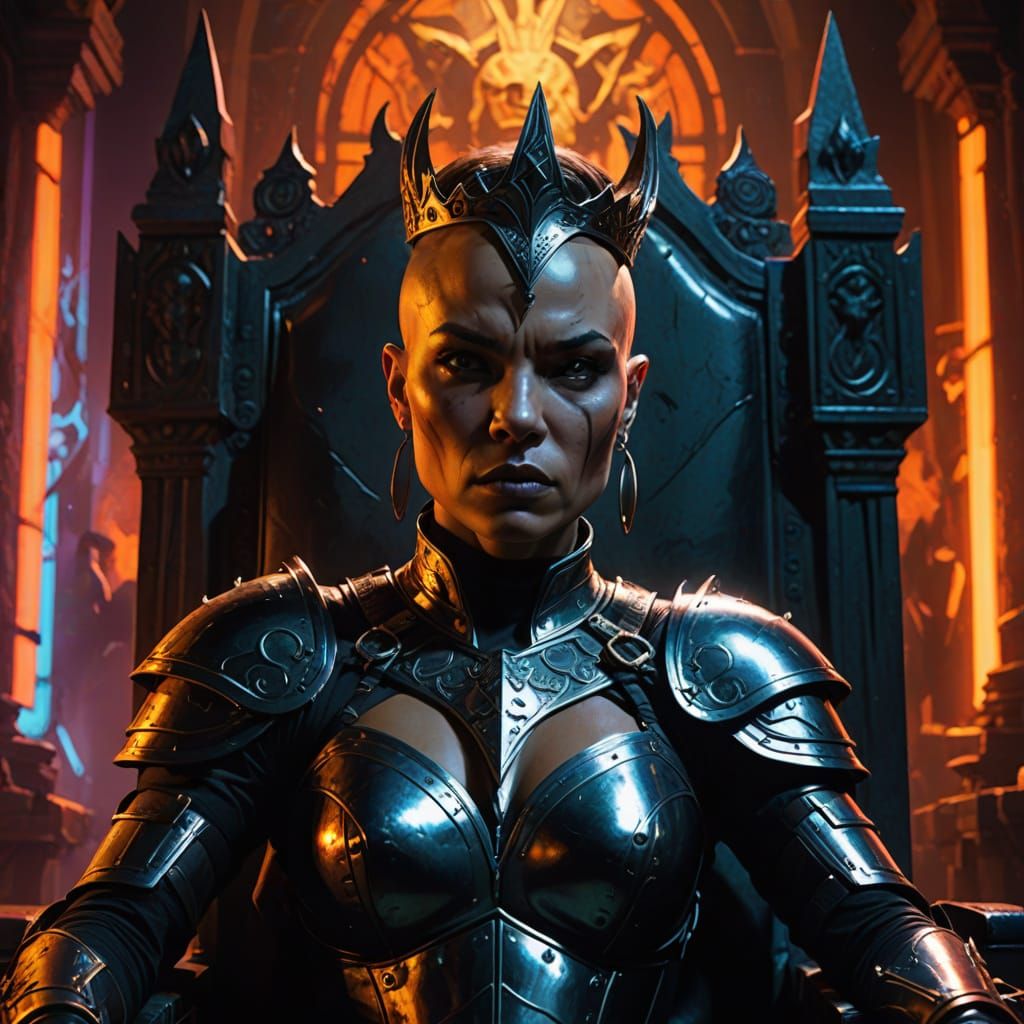 Pitbull Warrior Queen on Throne in Dark Fantasy Art