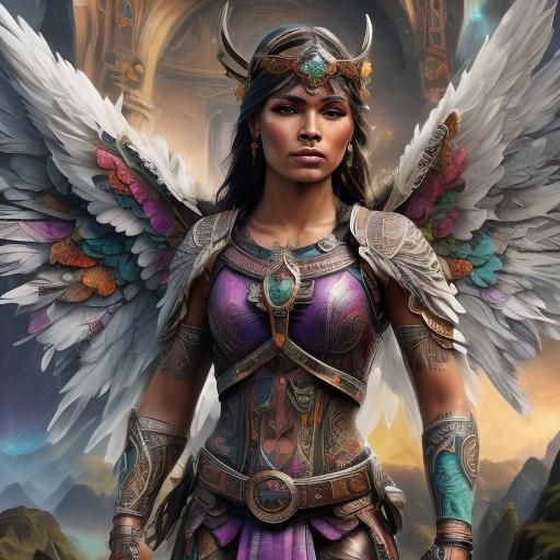 Hyperrealistic Peruvian Winged Woman with Tattoos