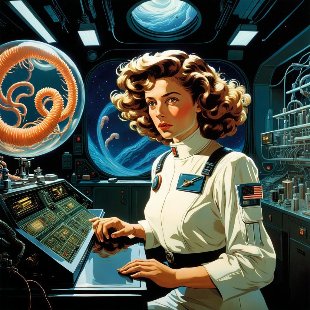 Worried Space Pilot in Glossy Art Nouveau Laboratory
