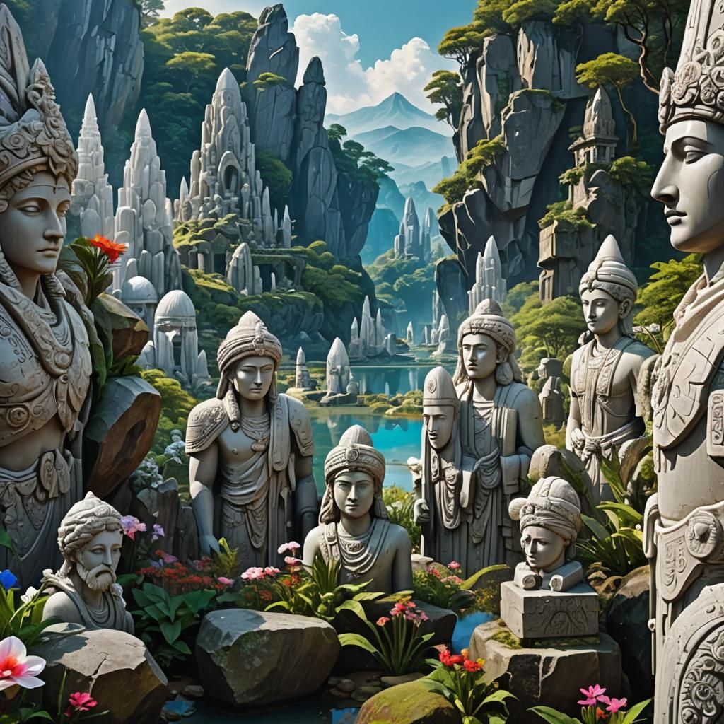 Retrofuturistic Crystal Landscape with Quartz Statues