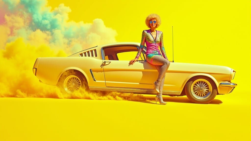 Surreal 1960s Goddess Levitates Above a Hyperrealistic Ford ...