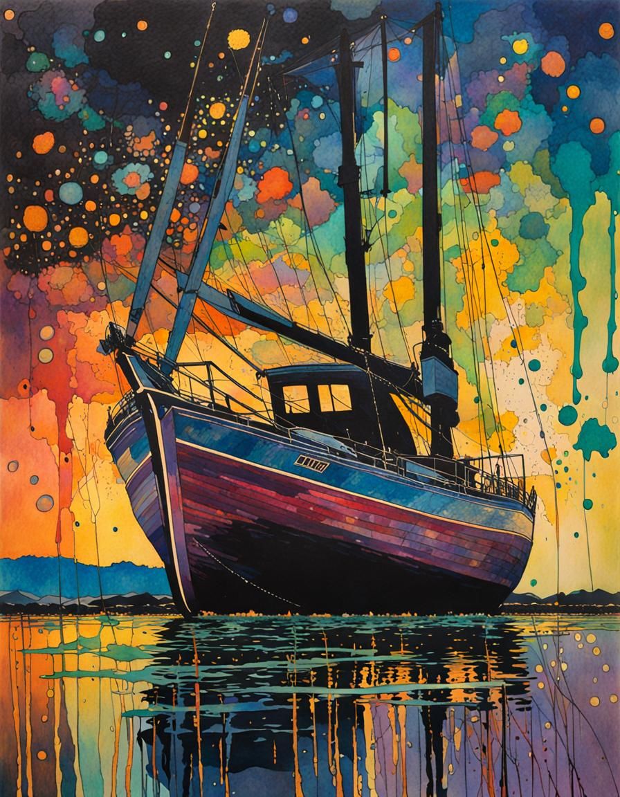 Night Sailboat in Ink Splatter Style
