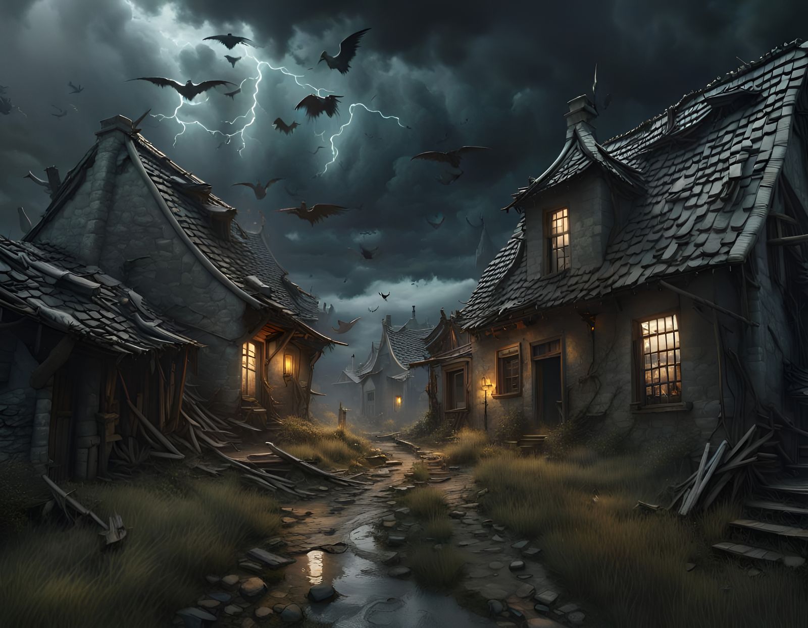 Haunted Village in Dark Fantasy Landscape