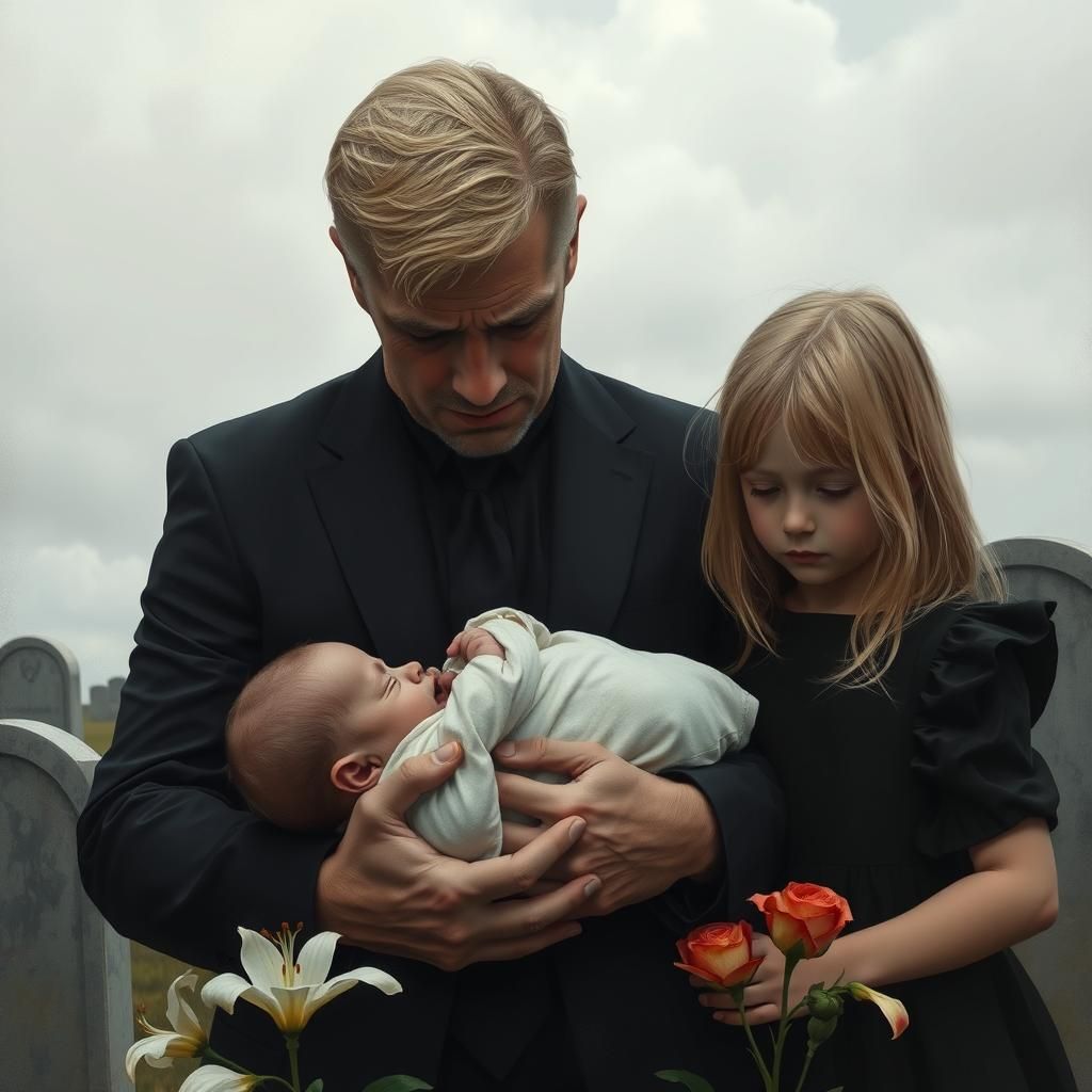 Grief Stricken Father and Daughter at Gravesite