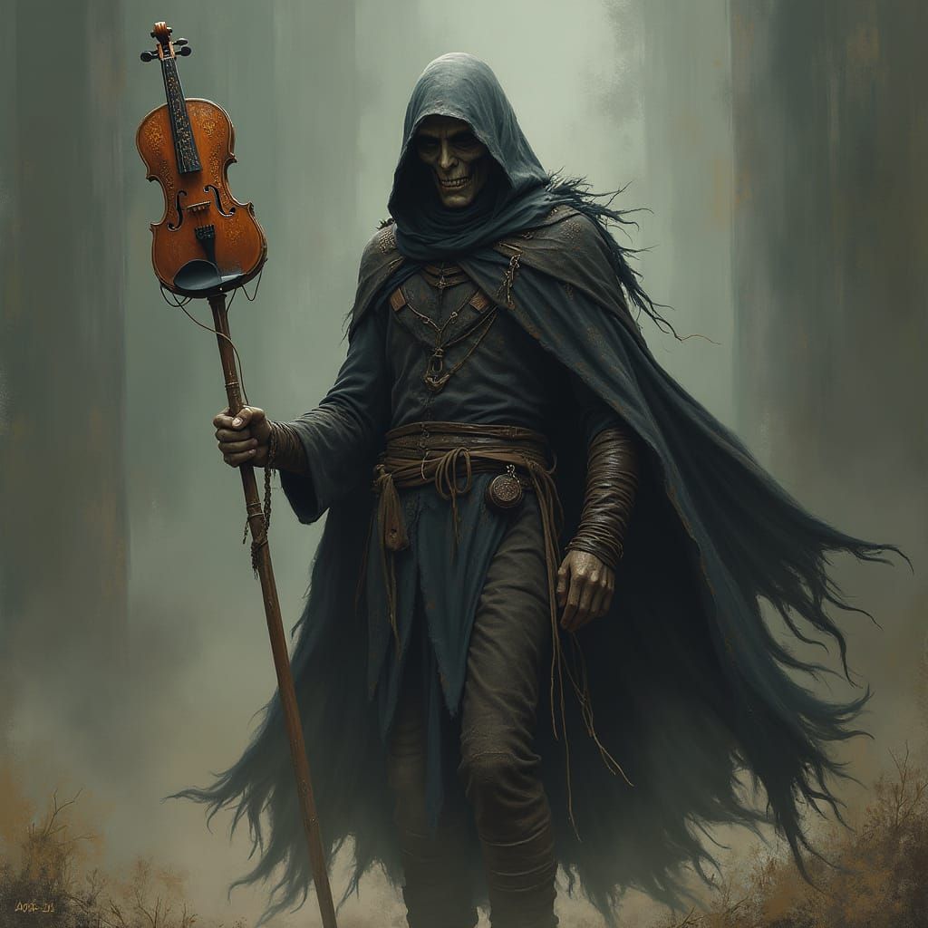 Dark Figure Approaches with Broken Violin in Hand