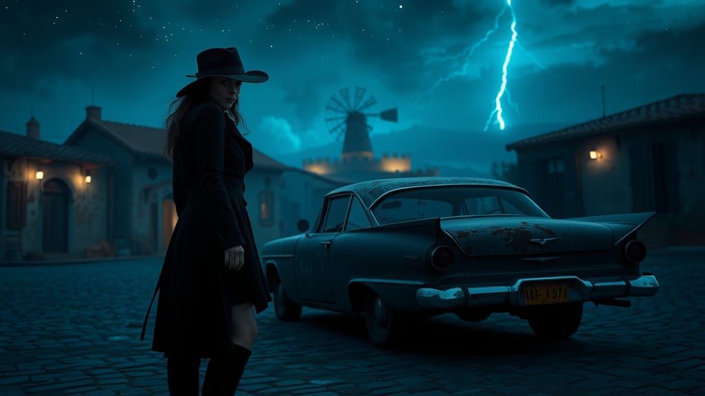 Mysterious Post-Apocalyptic Night Scene with Lone Woman