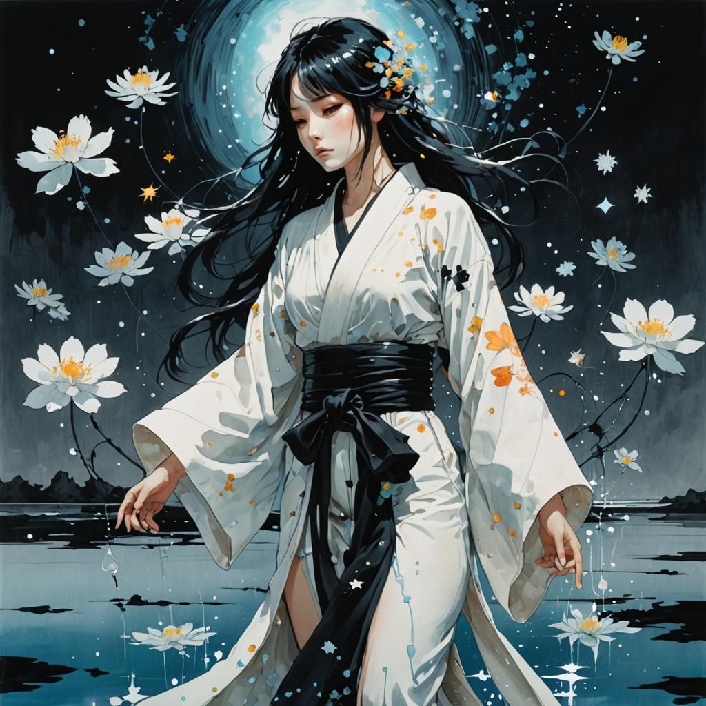 Bioluminescent Woman in Kimono Fantasy Illustration