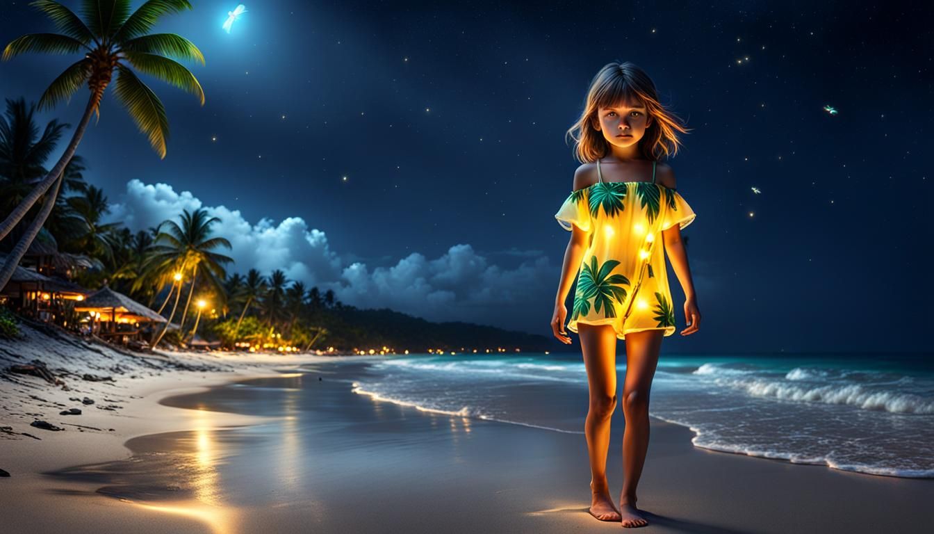 Girl on Tropical Beach Illuminated by Fireflies