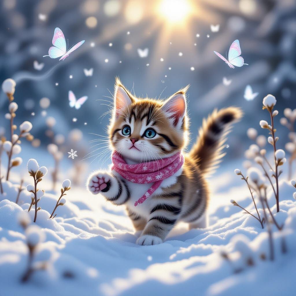 Cute Kitten Chasing Snowflakes in Fantasy Meadow