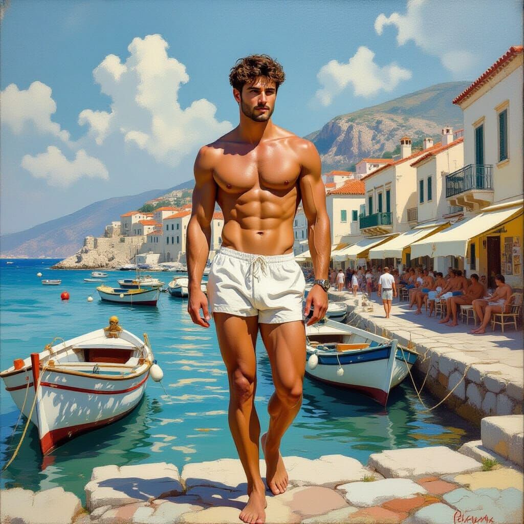 Classical Greek Harbor Scene in Surrealist Style