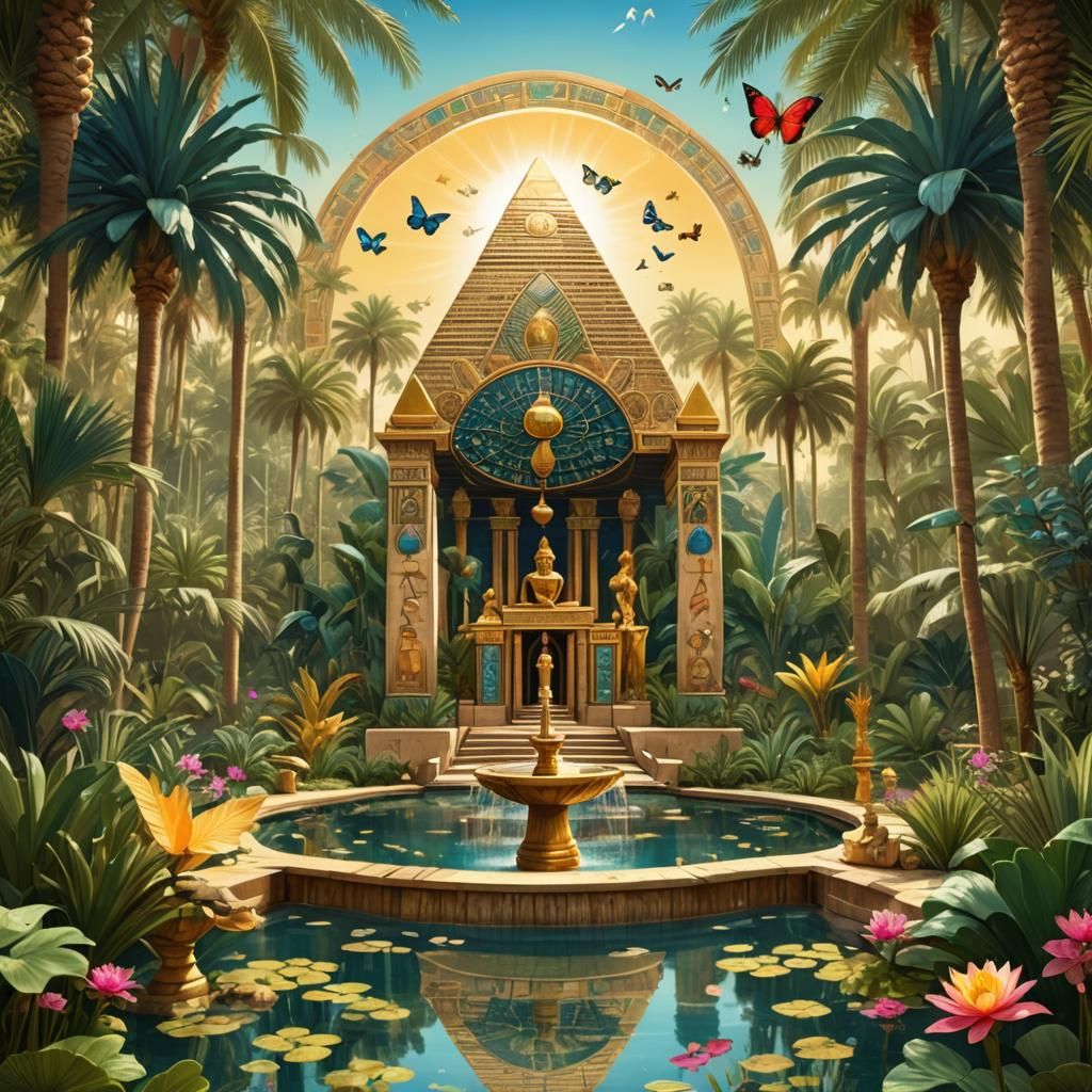 Art Nouveau Egyptian Garden with Gemstone Fountain