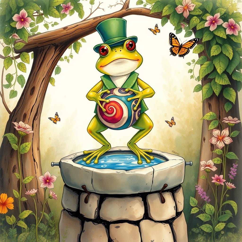 Whimsical Frog at a Rustic Well in Storybook Style