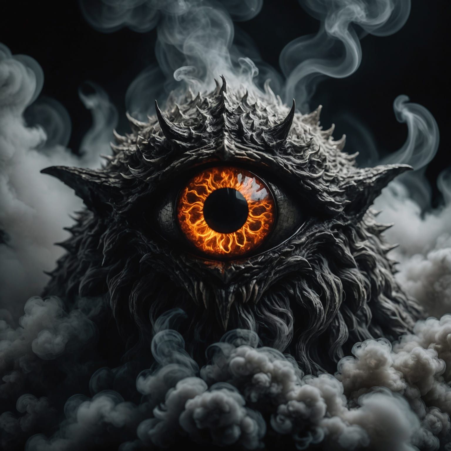 Flame-Filled Demon Eyes in Smoky Darkness