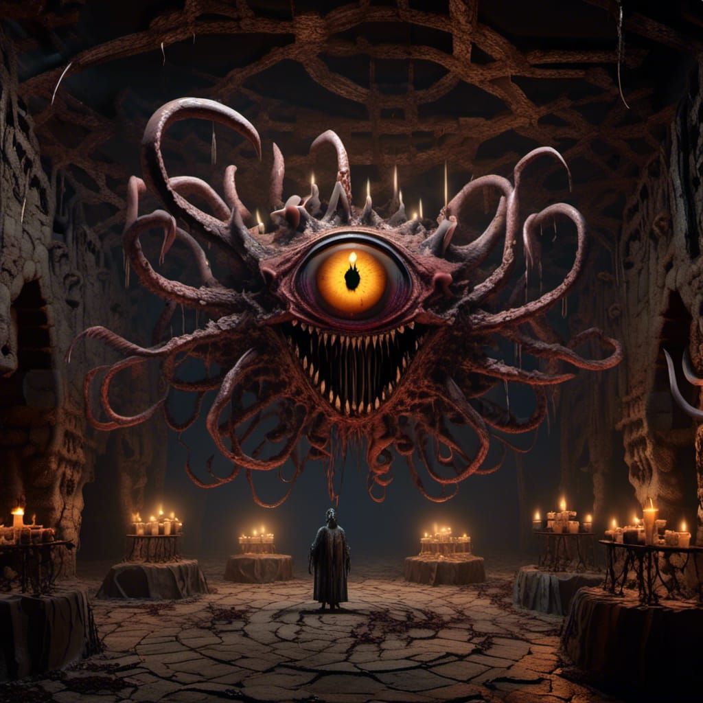 Photorealistic Beholder in a Creepy Dungeon