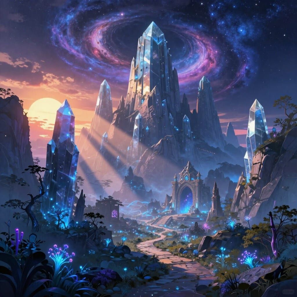 Fantasy Landscape with Crystalline Mountains and Nebula Sky
