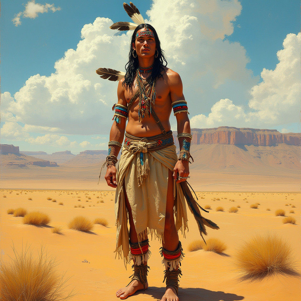 Native American in Desert Landscape, Classical Painting