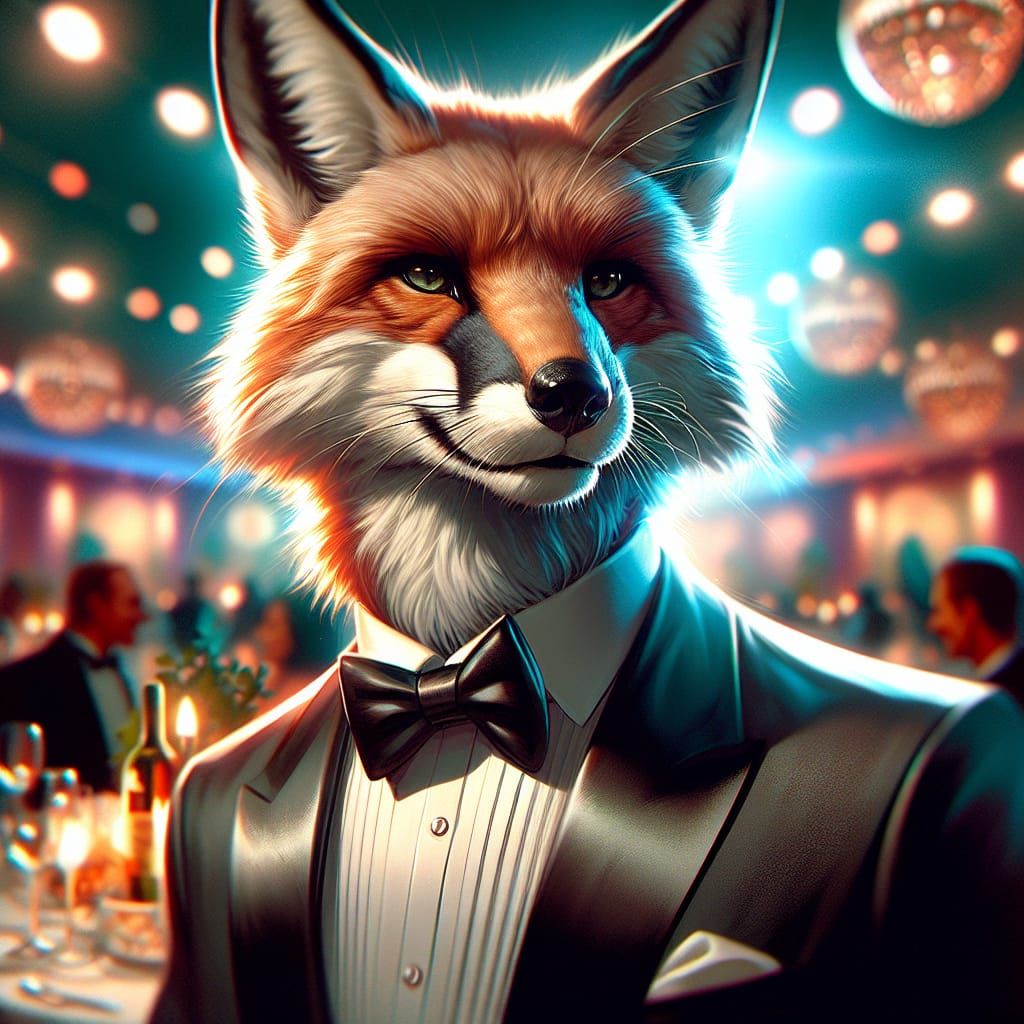 Fox in Tuxedo at Dinner Party, Hyperrealistic Style