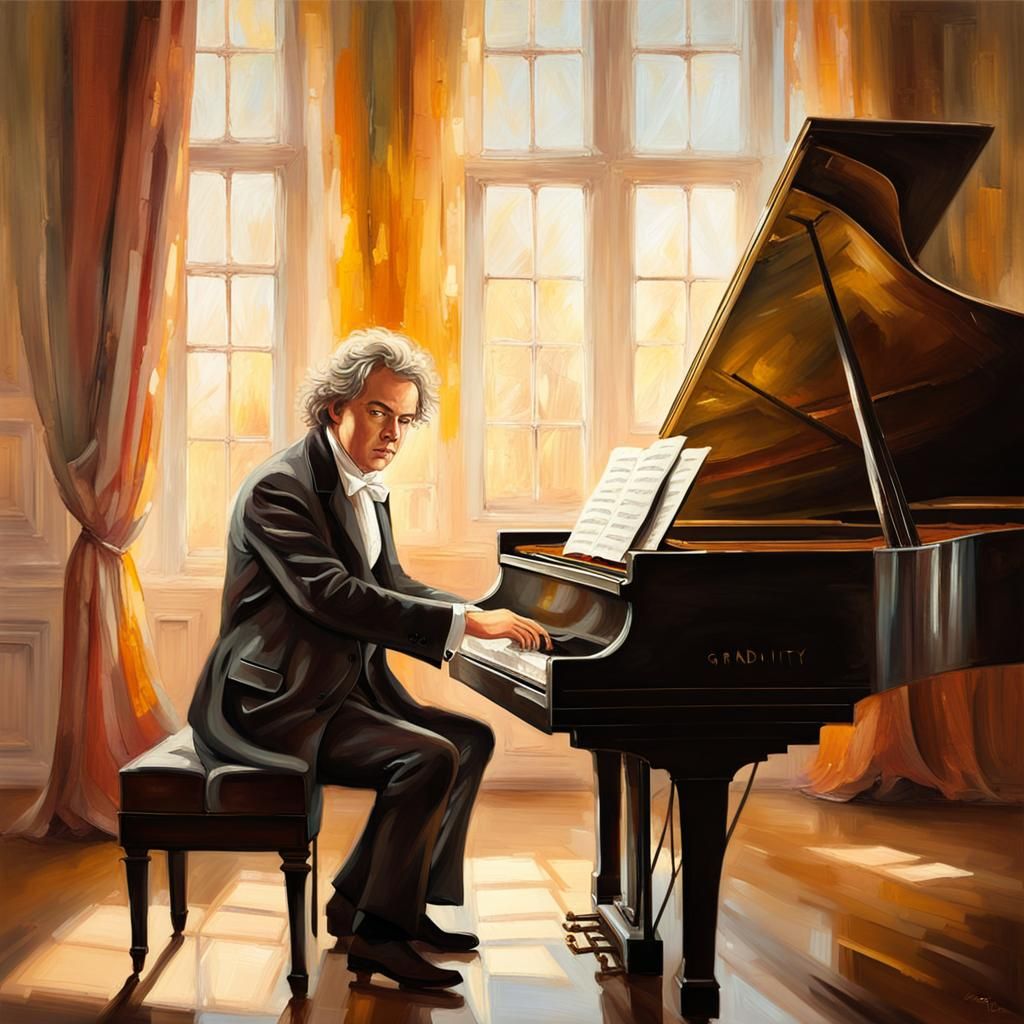 Beethoven at Piano in Romantic Oil Painting