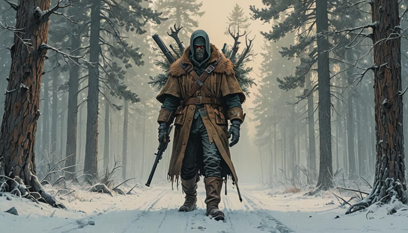 Hunter in Frosty Wilderness, Surreal Art Style