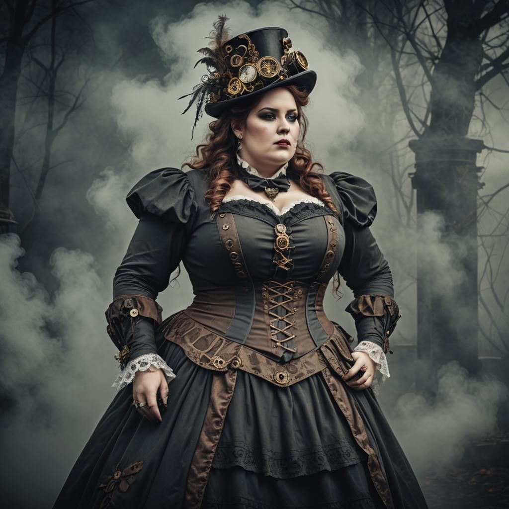 Steampunk Women in Foggy Victorian Scene