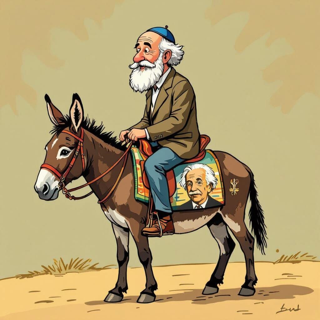 Whimsical Illustration of Man Riding Donkey with Einstein Po...