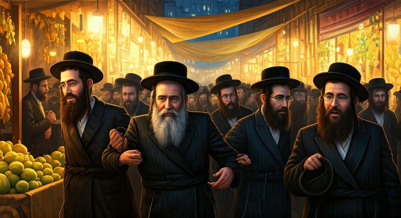 Jerusalem Market Scene: Sukkot Preparations in Folk Art Styl...