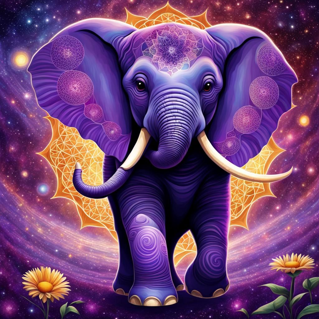 Purple Elephant in Fractal Universe, as Pointillist Art