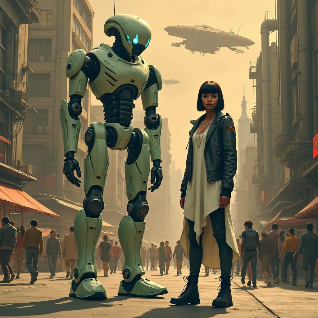 Confident Woman Stands Beside Robot in a Bustling Cyberpunk ...