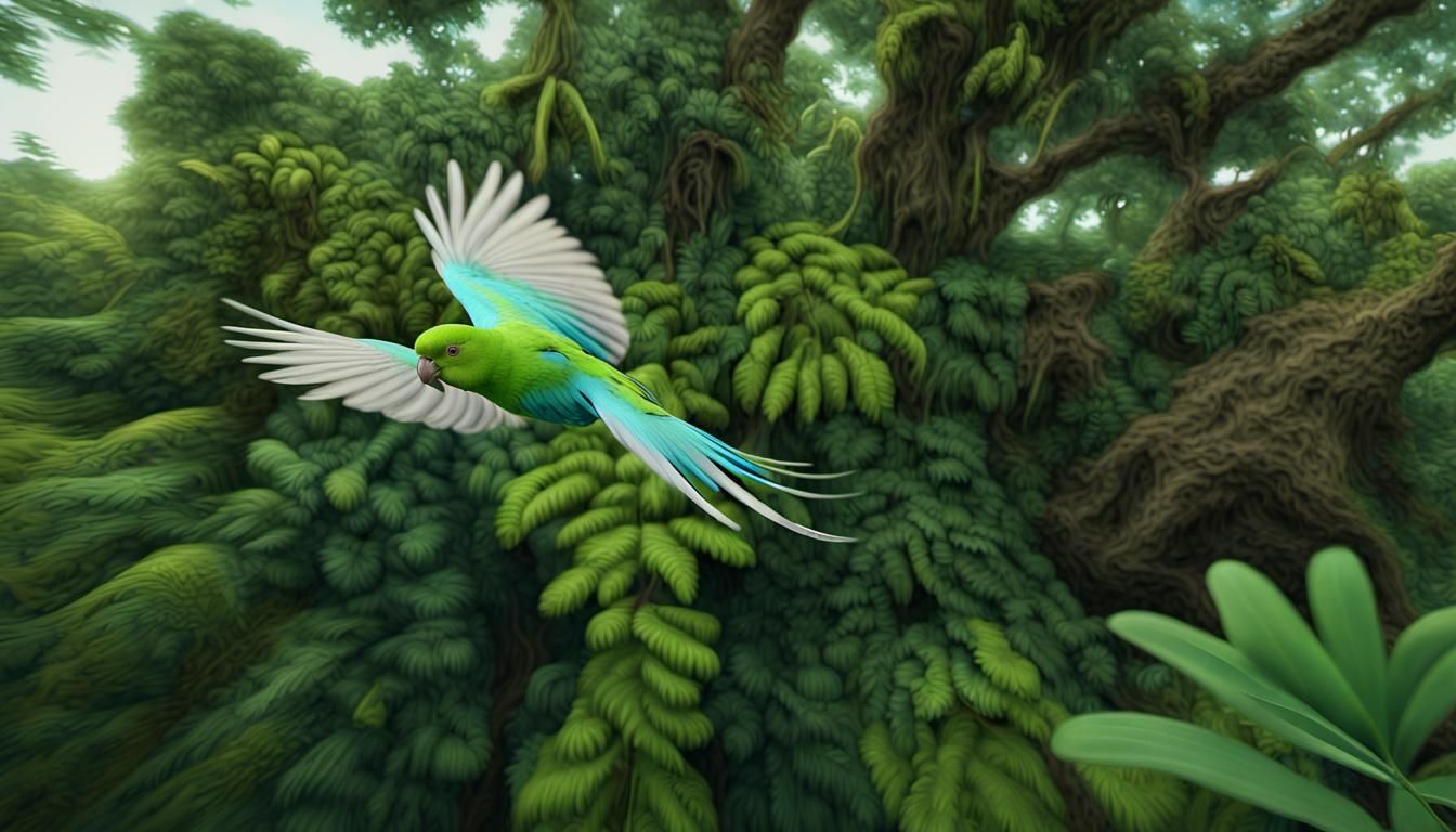 Hyperrealistic Parakeet Flight in Surinam Landscape