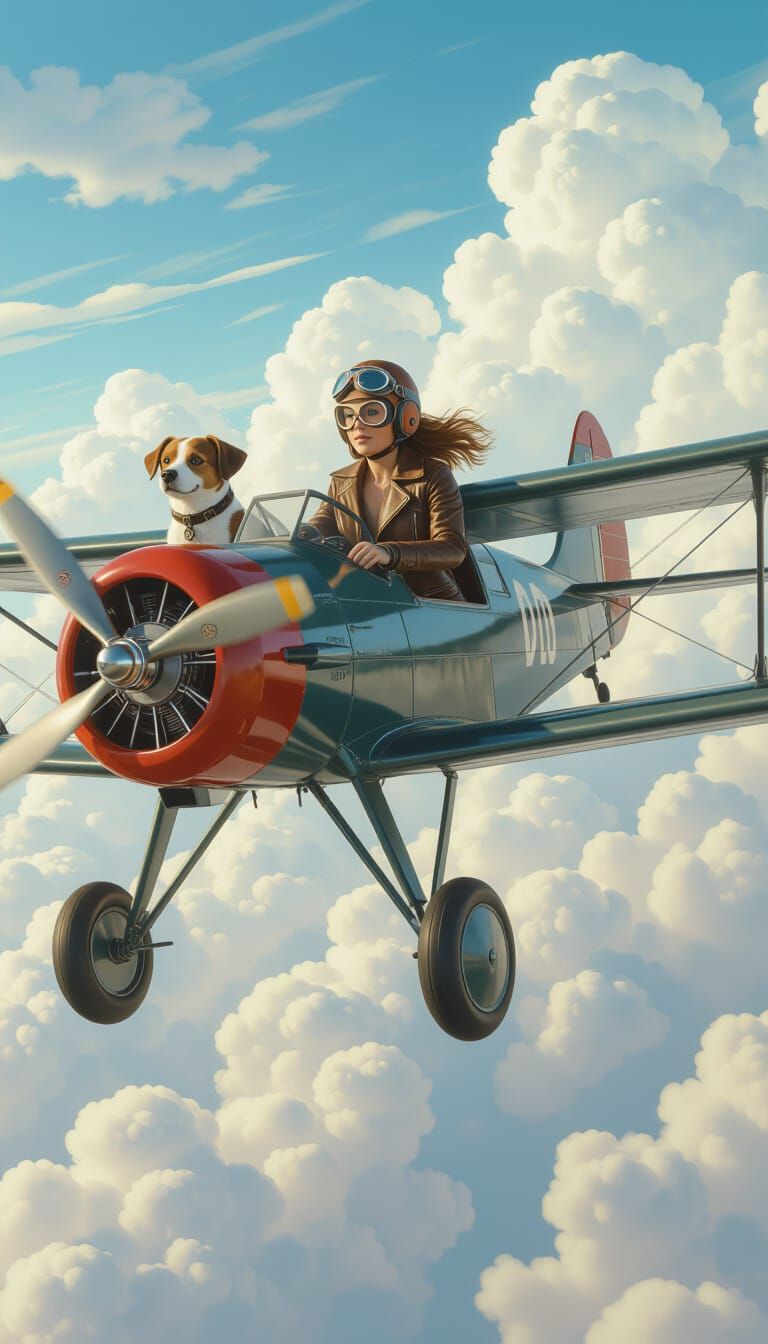 Girl and Dog Fly Propeller Plane: Matte Painting