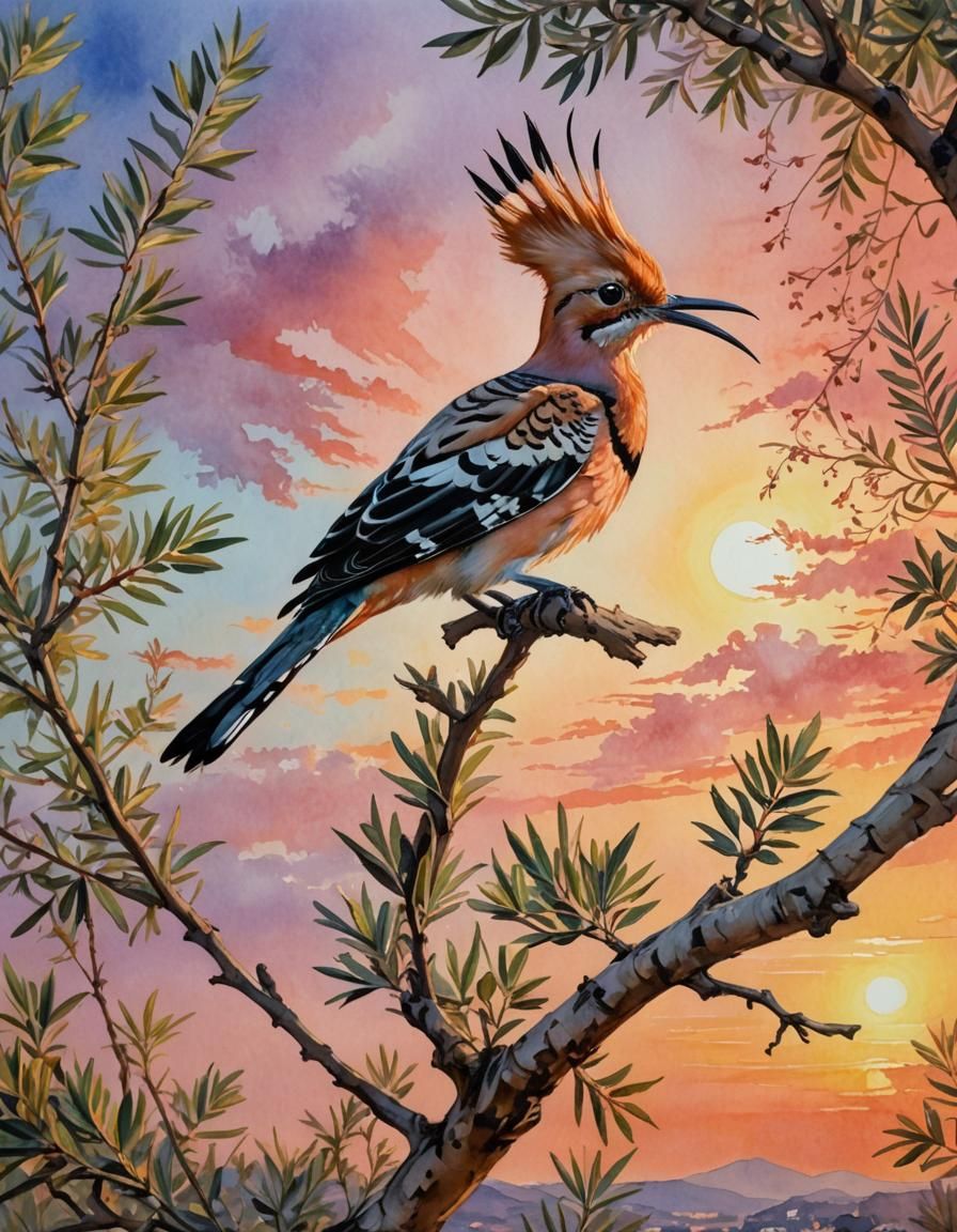 Hoopoe Bird on Olive Branch Painting