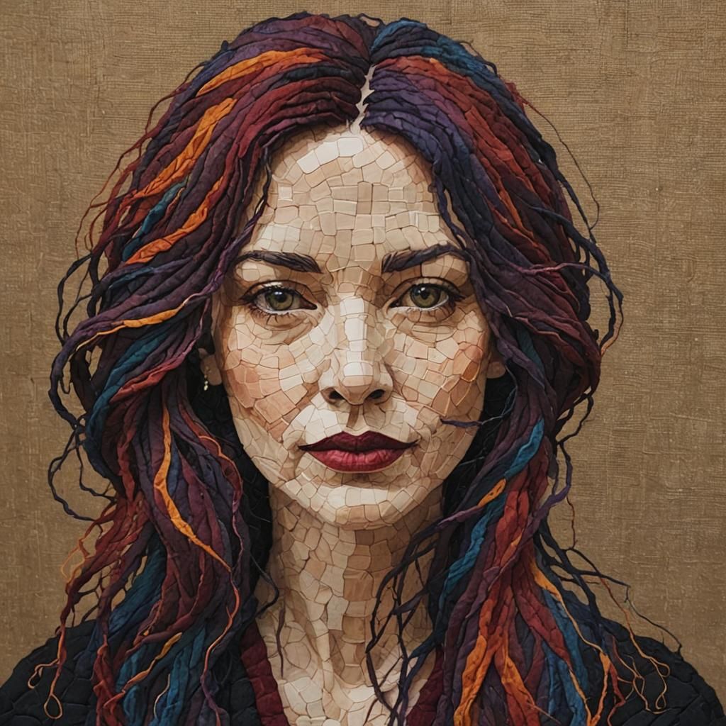 Abstract Fiber Art Portrait with Deep Colors