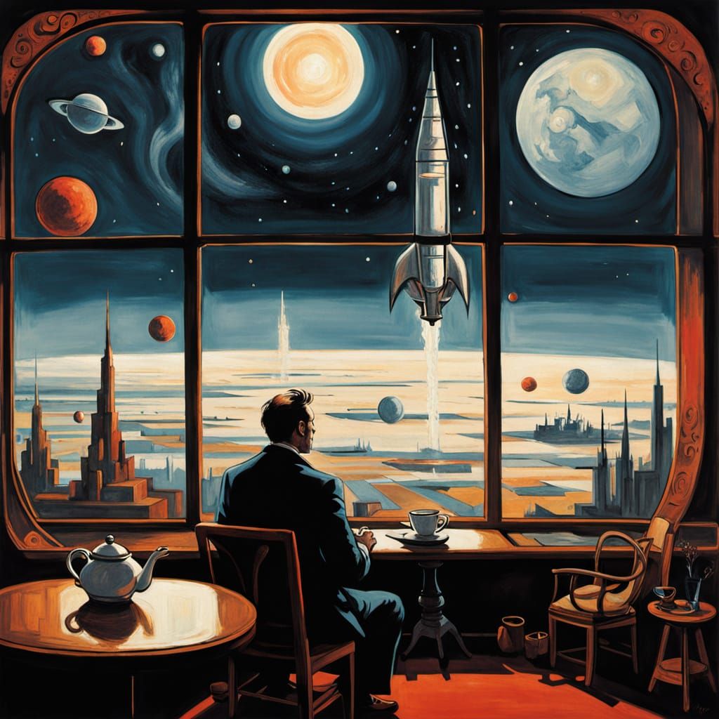 Surreal Rocket Launch in Egon Schiele Style