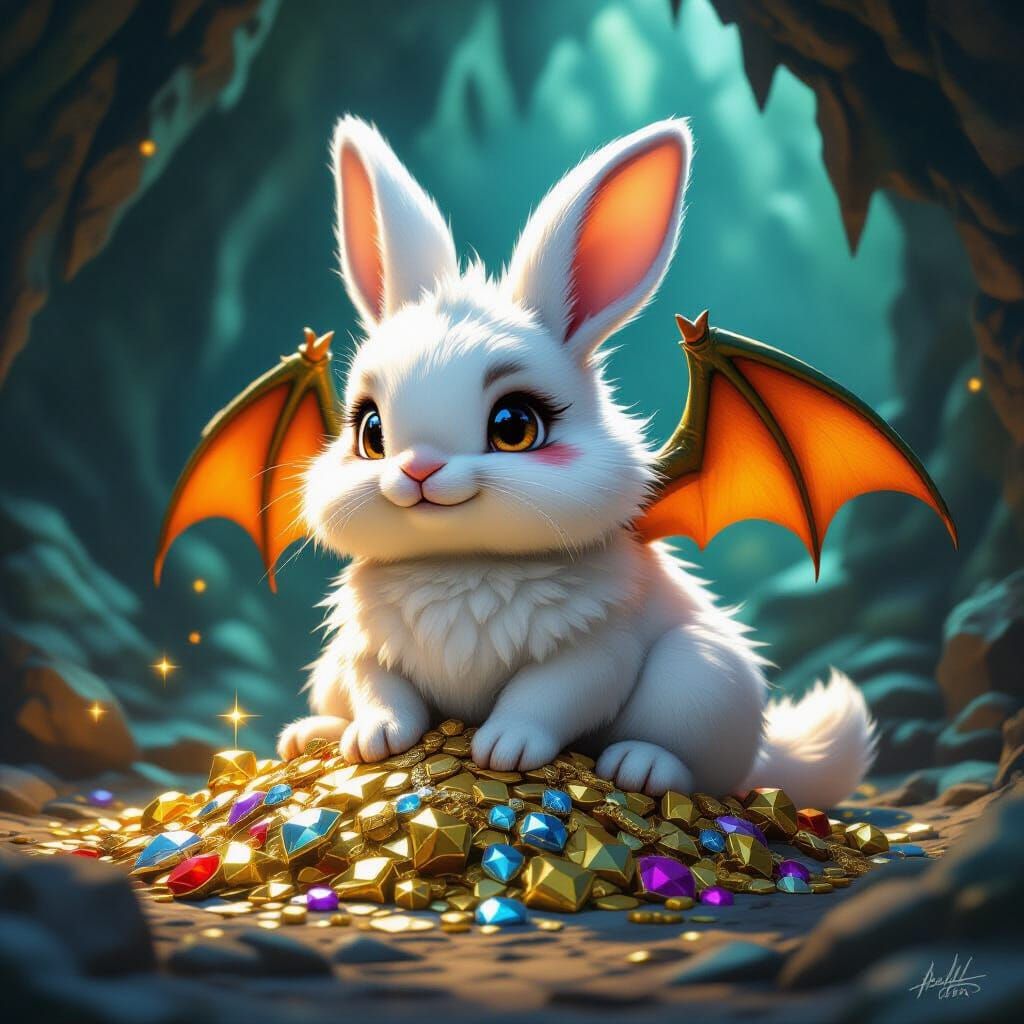 Fluffy Rabbit Imposter Dressed As Dragon On Treasure