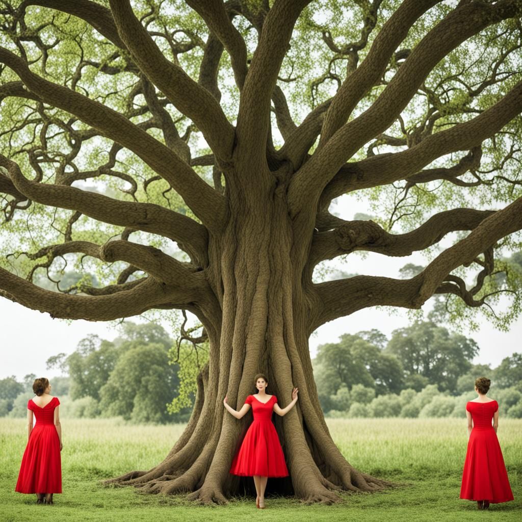 Surreal Tree with Women in Red Dresses