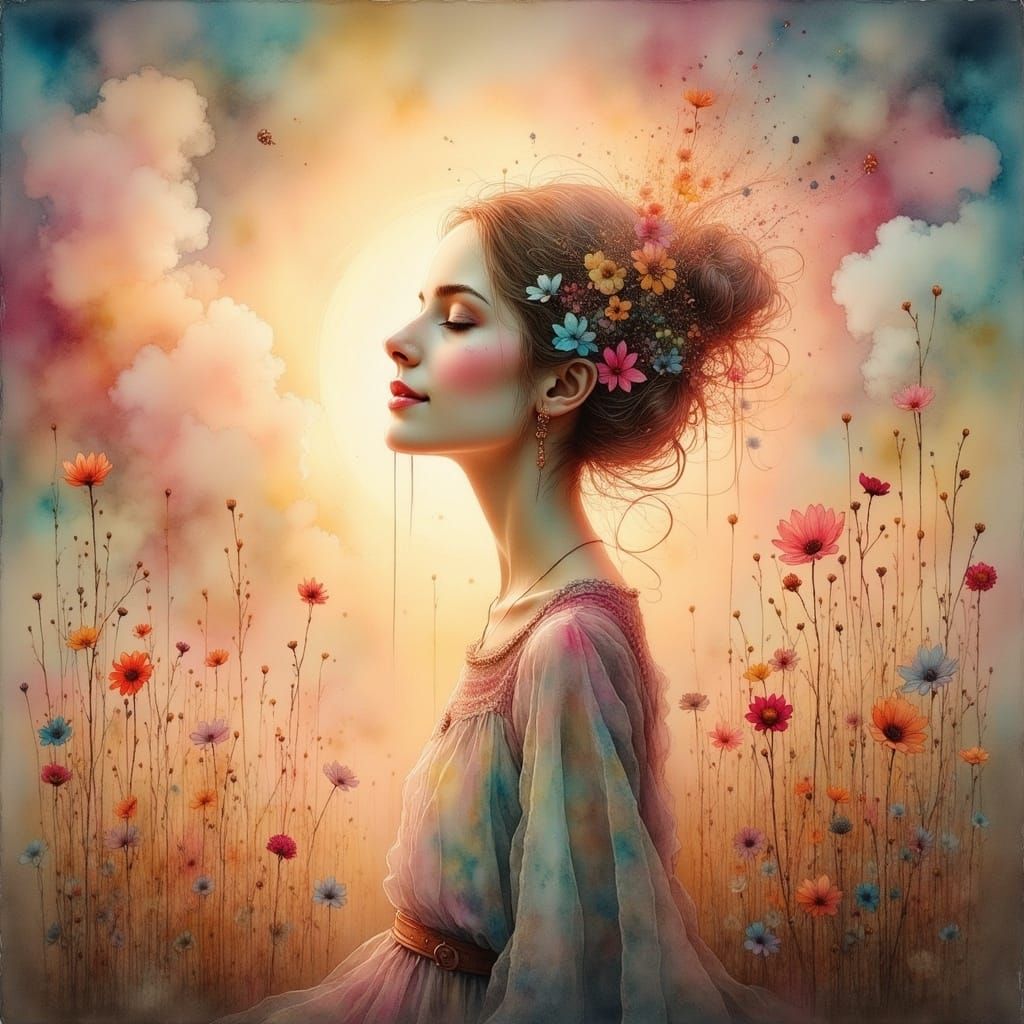 Dreamy Young Woman in Shimmering Light