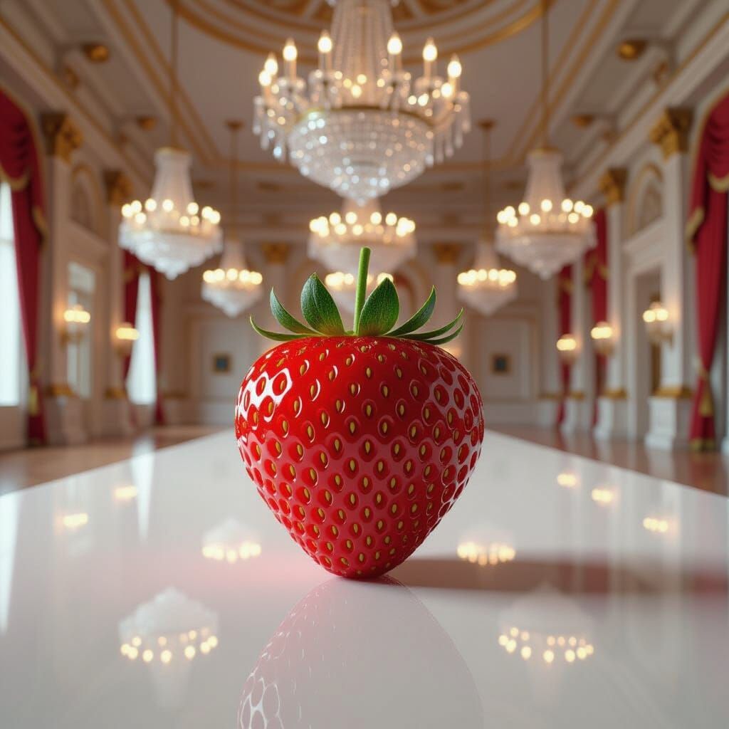 Giant Strawberry in Grand Ballroom, Hyperrealistic Style